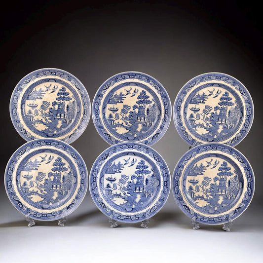 Set of 6 Wedgwood “Willow” Blue Transferware Plates, England, 8.3in