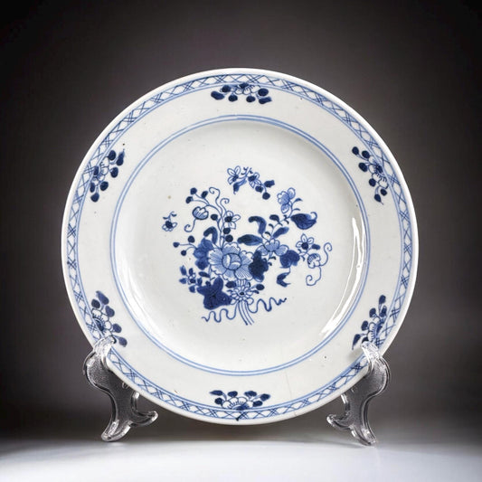 18th Century Chinese Blue & White Porcelain Plate with Floral Decoration, Hand Painted, 9in