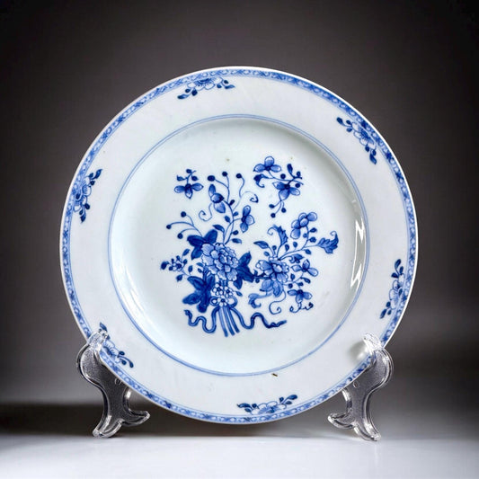 18th Century Chinese Blue & White Porcelain Plate with Floral Decoration, Hand Painted, 9in