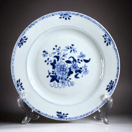 18th Century Chinese Blue & White Porcelain Plate with Floral Decoration, Hand Painted, 9in