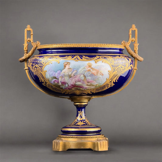c.1880–1900 French Cobalt Blue Porcelain Urn Vase, Signed Delinière, Sèvres Style, 11.8in