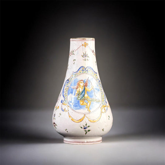 17-18th Century,  French Faience Vase with Cherub, Nevers Style, Hand Painted, 6.5in