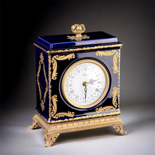 c.1970–1990 French Mignon Limoges Style Porcelain Mantel Clock, Blue & Gilt, 10.6in