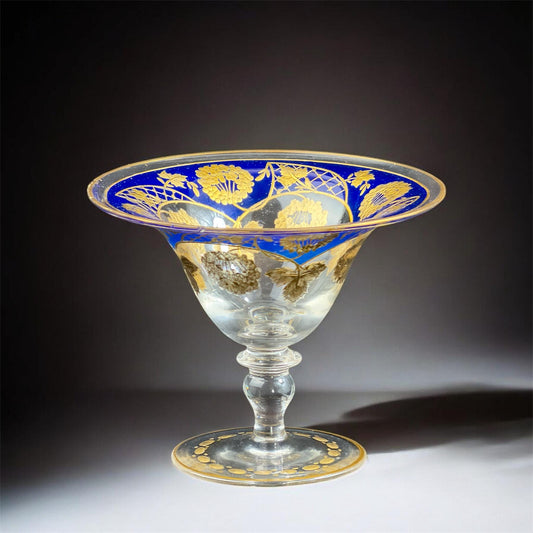 Compota de vidrio checo dorado del siglo XIX, borde azul cobalto, 13 cm
