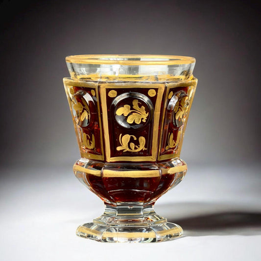 Copa bohemia de cristal dorado del siglo XIX, cristal tallado pesado, 12 cm