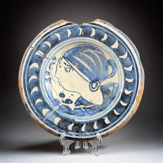 c.1620–1700 Catalan Blue & White Plate with Female Figure, Spain, 8.3in