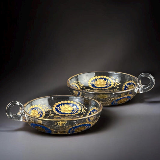 Platos de postre de cristal checo del siglo XIX con asas, azules y dorados, par, 12 cm