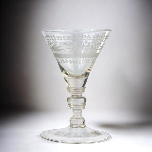 18th Century Bohemian Engraved Wine Glass, Hand Blown Antique, 6.5in