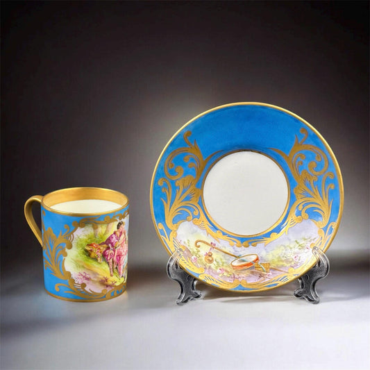 19th Century, Sèvres Style, Fine French Hand-Painted Porcelain Cup & Saucer, Signed