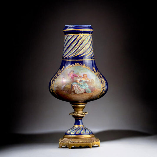c.1890–1910 French Sèvres Style Hand Painted Cobalt Porcelain Vase, 9.4in