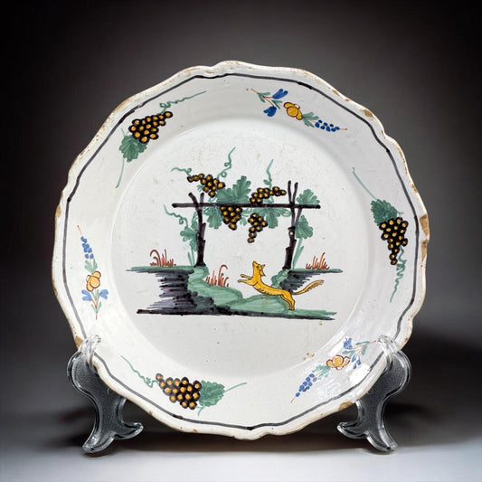 18th Century French Nevers Faience Plate with Hand-Painted Grape & Fox Motif,  8.9 in