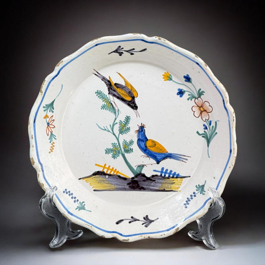 18th Century French Nevers Faience Plate with Hand-Painted Birds, 9 in