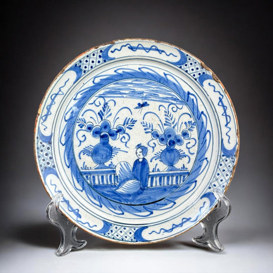17th Century Dutch Delft Blue & White Plate, Hand Painted Chinoiserie, 23 cm