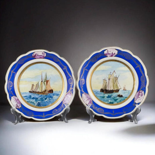 Spanish Bidasoa Hand-Painted Nautical Plates, Cobalt Blue & Gilt, Set of 2, 10 in