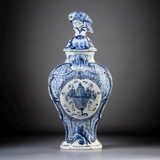 18th Century, Delft Blue & White Lidded Vase with Bird Finial, Netherlands, 14.6 in
