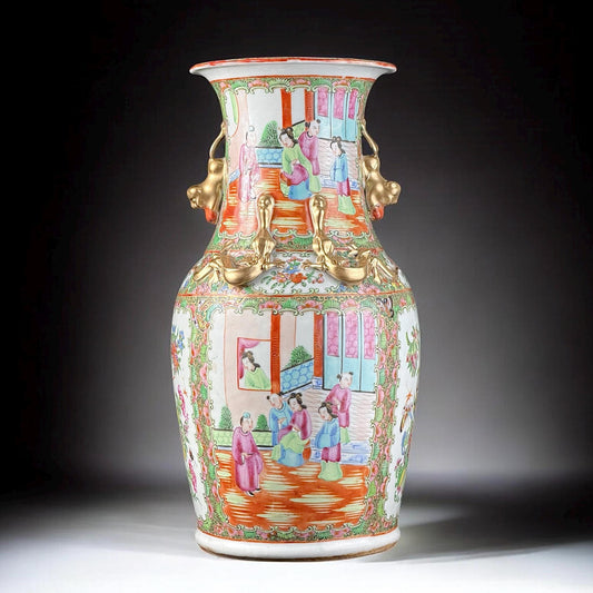 19th Century, Chinese Export Canton Famille Rose Vase with Gilt Dragon Relief, 14.2in