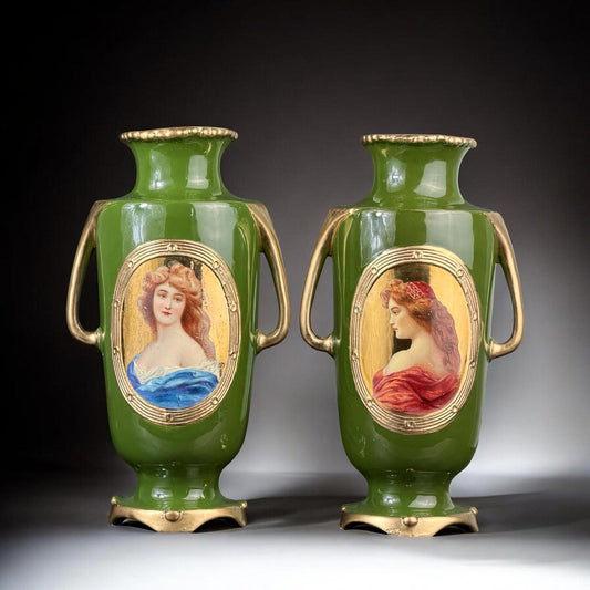c.1846 Pair of Josef Strnact Portrait Vases, Green Ground & Gilt, Bohemia, 10.2 in