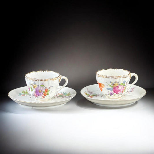 Saxe Porcelain Tea Cups & Saucers, Hand Painted Floral, Germany, 5.1 in