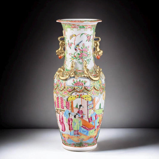 19th Century, Chinese Export Canton Famille Rose Vase with Gilt Relief, 12in