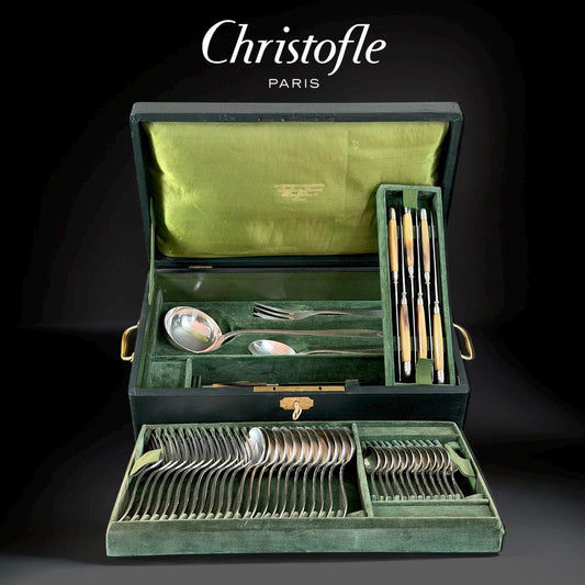 1930s Christofle “Albatros” Silverplate Flatware Set, 39 pcs, Bone Handles, Original Paris Case