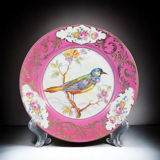 Plato de gabinete de porcelana pintado a mano con pájaro, decoración rococó rosa y oro, 21,5 cm