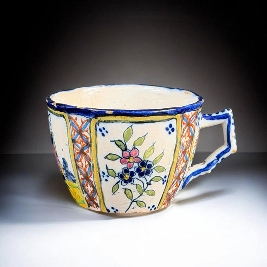 Early 20th Century HB Quimper Hand-Painted Faience Cup, Breton Folk Art, France, 4.3in