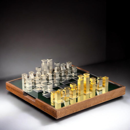Custom Metal Chess Set in the Style of Hermès, Glass Board with Storage Box, 31 cm