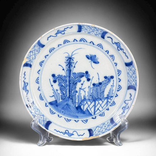 18th Century Dutch Delft Blue & White Plate, Hand-Painted Tin-Glazed Earthenware