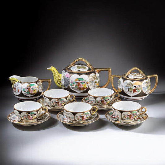 Juego de té de porcelana japonesa para 5 personas, escenas de geishas pintadas a mano, principios del siglo XX Japón, porcelana fina y delgada