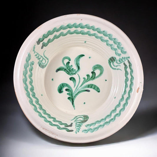 Lebrillo, Large Spanish Fajalauza Bowl, Hand Painted Floral Motif, Green & White Terracotta, 15.7in