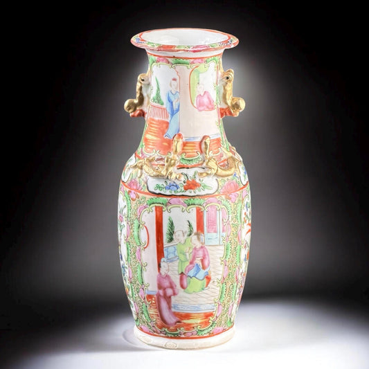 19th Century, Chinese Export Canton Enamel Vase with Gilt Relief, 9.8 in