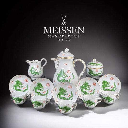 Juego de té Meissen Dragón Ming para 5 personas - Porcelana pintada a mano, Alemania, siglo XX