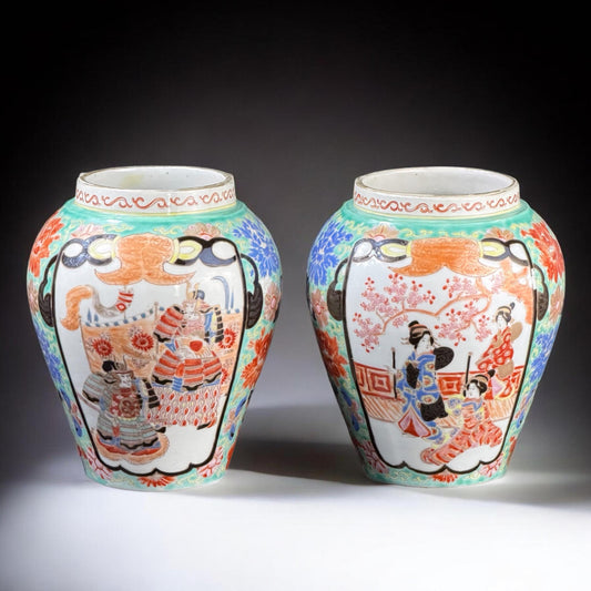 Pair of Japanese Meiji Period Porcelain Vases, Hand-Painted Samurai & Court Scenes, c.1880–1900, 7.9in