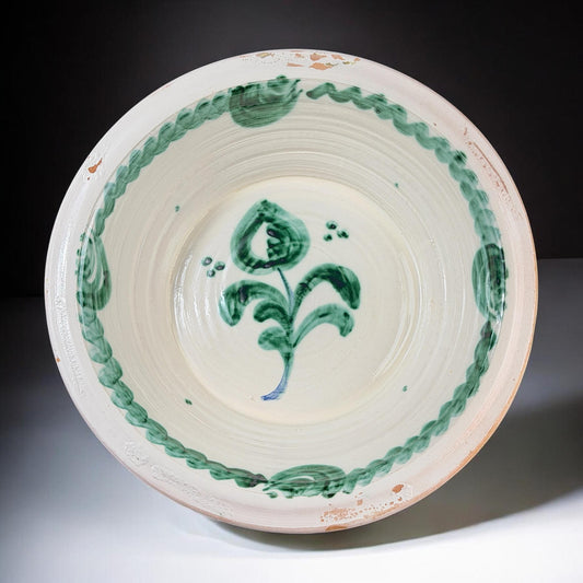 Lebrillo, Large Spanish Fajalauza Bowl, Hand Painted Floral Motif, Green & White Terracotta, 15.1in