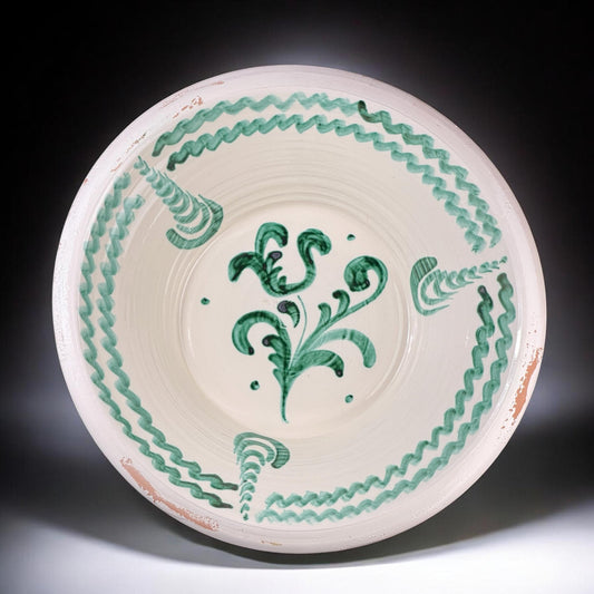 Lebrillo, Large Spanish Fajalauza Bowl, Hand Painted Floral Motif, Green & White Terracotta, 17.3in