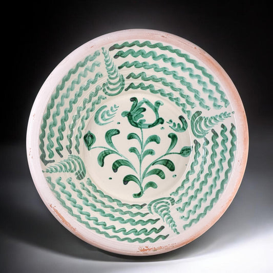 Lebrillo, Large Spanish Fajalauza Bowl, Hand Painted Floral Motif, Green & White Terracotta, 17.1in