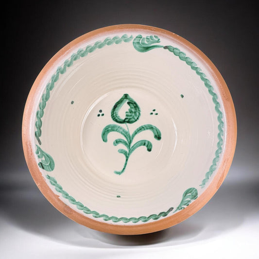 Lebrillo, Large Spanish Fajalauza Bowl, Hand Painted Floral Motif, Green & White Terracotta, 17in