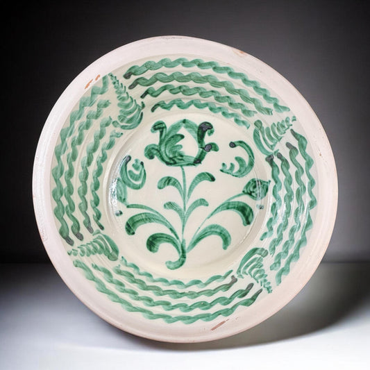 Lebrillo, Large Spanish Fajalauza Bowl, Hand Painted Floral Motif, Green & White Terracotta, 15.4in