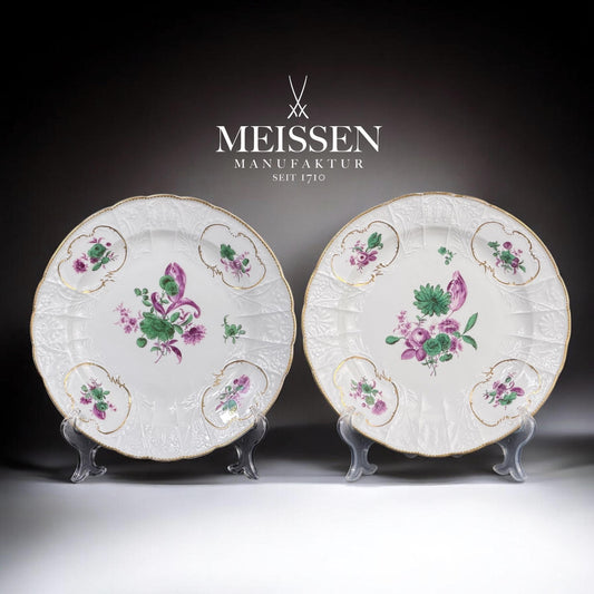 Late 18th–Early 19th Century Meissen Porcelain Plates, Pair, Dulong Rococo Relief, Hand Painted Floral, Gilt, 9.8”