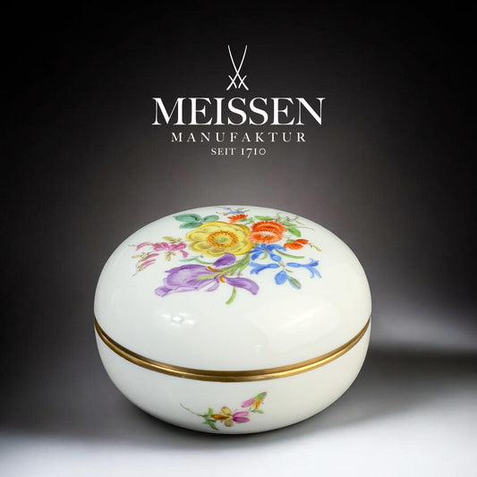 20th Century Meissen Porcelain Lidded Box, Hand Painted Floral, Gilt, Jewelry Box, 3”