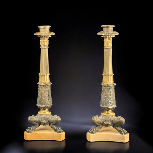 Exceptional Pair of French Empire Style Gilt & Patinated Bronze Candlesticks on Marble Base, 33 cm / 13 in