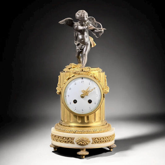 French Louis XVI Style Gilt Bronze & Patinated Mantel Clock with Cupid, 38 cm / 15 in
