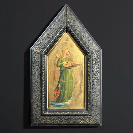 Cuadro de ángel músico de la escuela italiana sobre tabla - Fondo dorado con arco gótico - Siglo XIX - 10 x 4.7 pulgadas