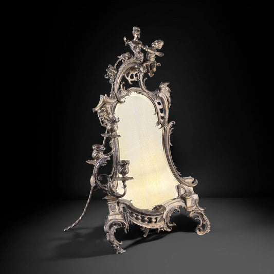 Late 19th Century Rococo Revival Table Mirror with Candle Holders, Silvered Vanity Mirror, 22.4 in