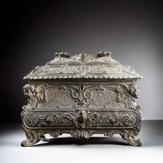 Late 19th Century Rococo Revival Silvered Jewelry Box, Louis XV Style Casket with Putti, 9in