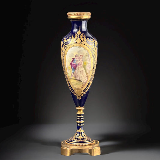 Late 19th Century French Sèvres Style Cobalt Blue Porcelain Vase with Gilt Bronze Base, Hand Painted Romantic Scene, 13.4 in