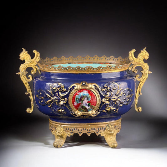 Late 19th Century, Large Bronze-Mounted Jardiniere with Glass Portrait Medallion, France, Édouard Gilles