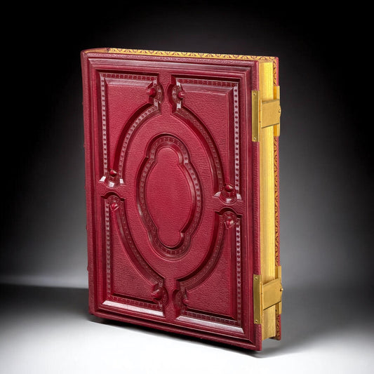 c.1860–1890 Antique Victorian Leather Photo Album, Embossed Cover, Brass Clasps, Gilt Edges, 12.2in