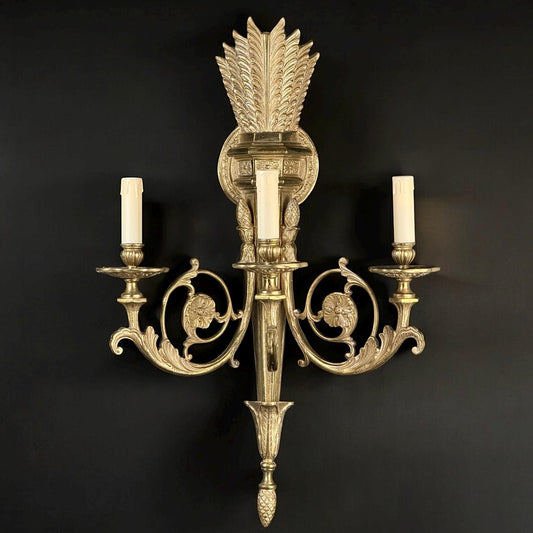 19th Century, French Wall Sconce - Gilt Bronze, 3 Lights, Neoclassical Design, Electrified (27.2 x 17.7 in)