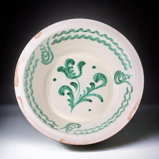 Lebrillo, Large Spanish Fajalauza Bowl, Hand Painted Floral Motif, Green & White Terracotta, 15.4in